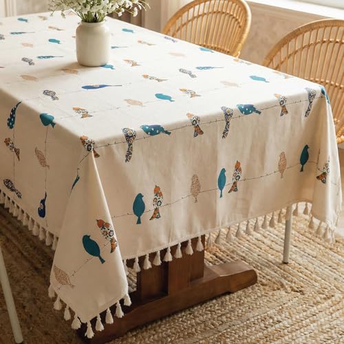 Image of Urban Space 100% Cotton Dining Table Cover 4 Seater, Printed Cotton Table Cloth for Center Table, Table Cover with Tassels (High Bird Blue, 4 Seater - 48 inch x 72 inch)