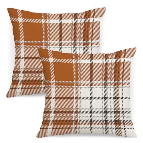 AOFANGGO Set mit 2 Herbst-Kissenbezügen, Herbst, dekorative Kissenbezüge, 40,6 x 40,6 cm, orangefarbene Plaid-Kissenbezüge, Kunstleinen, Bauernhaus, Erntedankfest, Heimdekoration