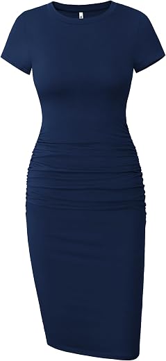 Missufe Women's Long Sleeve Ruched Casual Sundress Midi Bodycon Sheath Dress