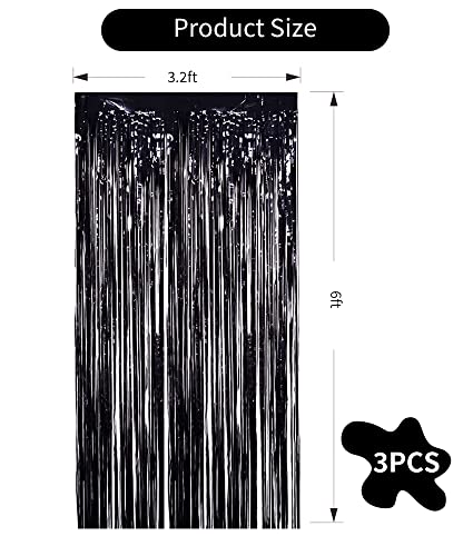 Image of TONIFUL 3Pcs Black Door Streamers,Photo Booth Backdrop,Metallic Streamers Black Foil Fringe Curtains for Birthday,Christmas,New Year,St. Patrick's Day Halloween Party Streamers Decor(9.9ft x 6.6ft)