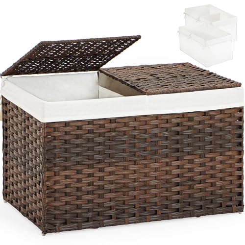 Image of SETVSON Storage Basket with Lid Wicker Baskets for Storage with 2 Separate Lid 42.3 Gallon (160 L) 29.9 x 17.3 x 18.1 Inches Rattan Woven Large Wicker Basket with 2 Liners for Bedroom Laundry Brown
