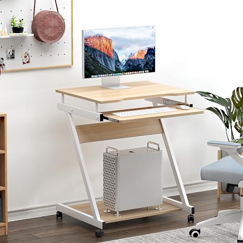 soges Bureau Informatique avec roulettes Bureau Mobile Table Roulante Table d’Ordinateur avec Plateau Clavier Coulissant pour Maison et Bureau Érable Blanc