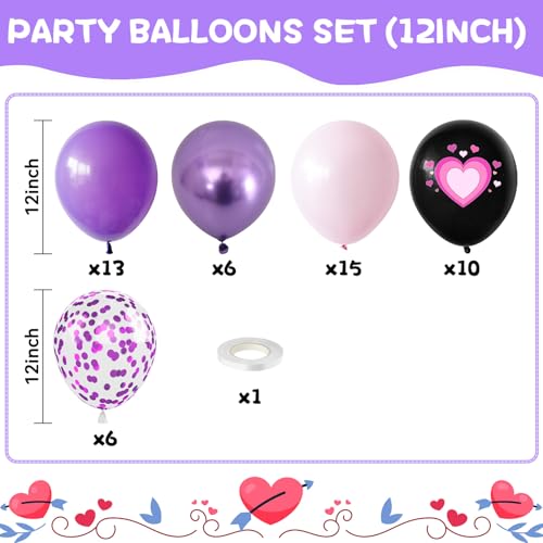 Image of Pink Purple Black Balloons, 50PCS 12 Inch Black Macaron Metallic Purple Pink Birthday Heart Printed Balloons for Princess Theme Birthday Decorations Baby Shower Party