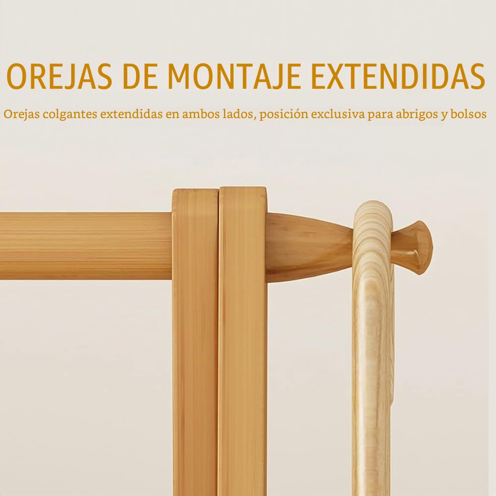 Perchero Burro de Bambú, Perchero de Pie Armario Abierto Madera con Raíles para Ropa, Percheros Burro para Dormitorio, Sala de Estar Oficina, Fácil Ensamblar