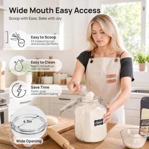 Image of Vtopmart 1.1 Gallon Glass Storage Jars with Airtight Clamp Lids, 2 Pack | 140oz Square Canisters with Wide Mouth, Measurement Marks, Large Food Container for Flour, Sugar, Rice, Pickling, Fermenting