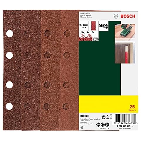 Bosch 25tlg. Schleifblatt Set verschiedene Materialien (Körnung 40/60/80/120, 8 Löcher, Zubehör Schwingschleifer), (25 Stück), 1er Pack Cover