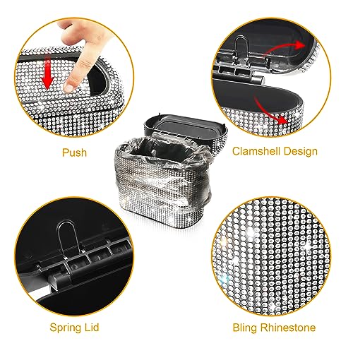 Image of Accmor Bling Car Trash Can with 30pcs Garbage Bags, Vehicle Trash Bin with Lid Auto Dustbin Organizer Garbage Storage, Sparkling Crystal Mini Trash Container Holder