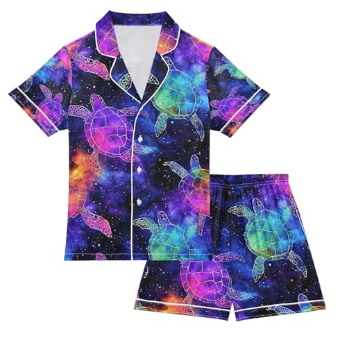 senya Turtle Magic Background Satin Summer Pajama Sets Silk Short Sleeve Button Down Sleepwear