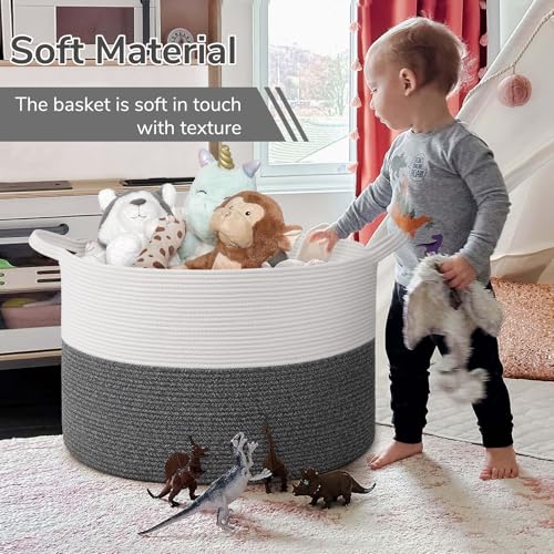 Image of INDRESSME 115L Extra Large Cotton Rope Blanket Basket, Woven Baby Laundry Baskets for Clothes Pillows Towel, Toy Baksets for Kids, White & Gray