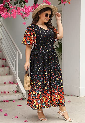 Image of Nemidor Womens Plus Size Maxi Dress Summer Boho Sundress Floral Print Flared Casual Long Dresses with Pocket