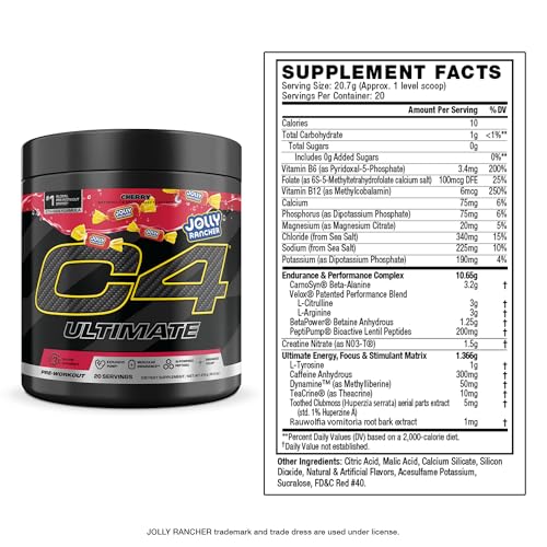 Image of Cellucor C4 Ultimate Pre Workout Powder - Sugar Free Preworkout Energy Supplement for Men & Women - 300mg Caffeine + TeaCrine + Dynamine + Creatine - Jolly Rancher Cherry, 20 Servings