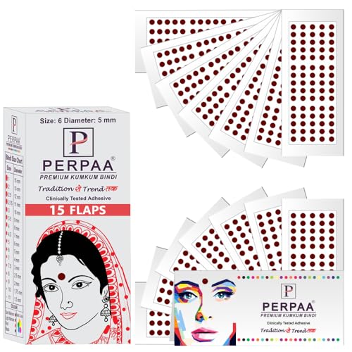 Image of PERPAA Kumkum Velvet Round Sticker Bindi Box of 15 Flaps for Ladies Women Forehead Bindi (Stick On) (Size 6, Diameter 5mm, Dark Maroon)