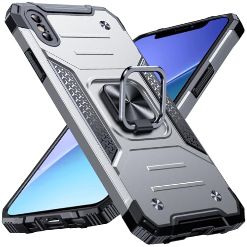 Image of Anqrp Heavy Duty Case for iPhone X /XS Case with Enhanced Ring Holder Grip Stand, Military Grade Shockproof Rugged Drop Protective Silicone Hard Slim iPhone X /XS Phone Case Cover,Silver