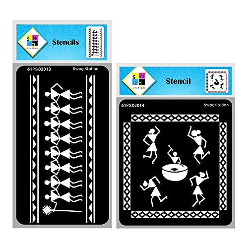 SWAGSTATION Warli Stencils for Painting -Tribal Art Stencils for Craft and Art Set – Tribal Dance Pose- Folk Art Stencil – 6X6 4×8 Inch – 2 Pcs – Reusable DIY Stencils for Home Decoration