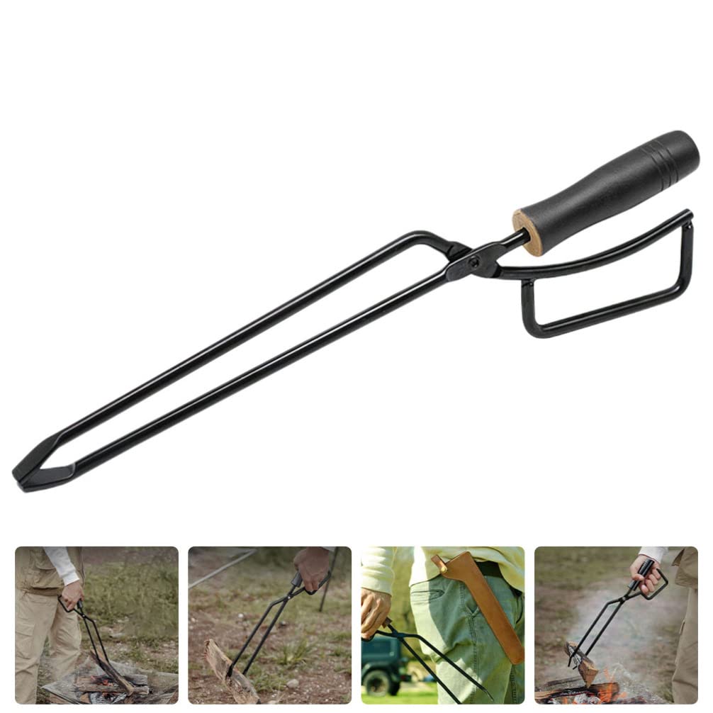 Pinza per Barbecue Esterno con Manico in Legno, Ferro Nero, Lunga