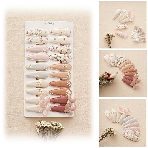 Fancy Clouds 20 Pack Baby Hair Clips for Girls Toddler,Neutral Fabric Snap Clips Pins With Embroidery Daisy Flower Butterfly,Handmade Hair Accessories...