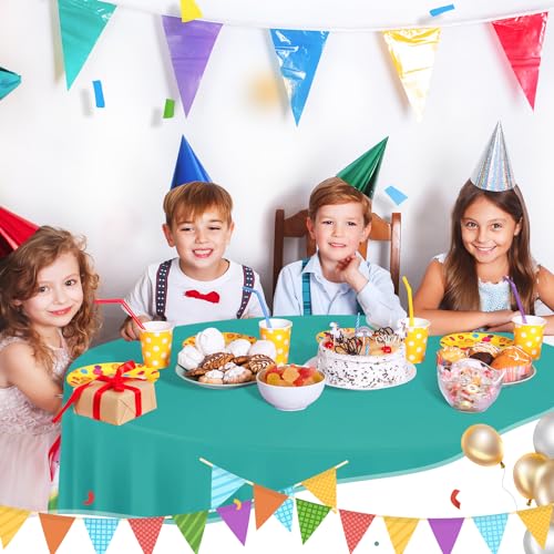 Image of Teal 6 Pack Plastic Table Cloth 84 inch, Disposable Round Tablecloth Table Cover, Plastic Tablecloths for Parties