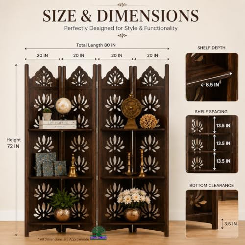 Image of Wooden Room Divider Partition with Display Shelves for Living Room | Foldable 4 Panel Decorative Privacy Screen Separator for Home, Office & Bedroom | (Brown with Shelves)