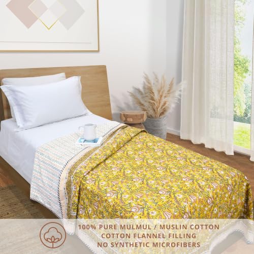 Image of TOAIArt Premium Jaipuri Dohar | AC Blanket Summer Quilt | Hand Block Printed | 3 Layers | Reversible | 150GSM 100% Mulmul Cotton | 100% Cotton Flannel Filling | Single 60 inch X 90 inch|MohanVan