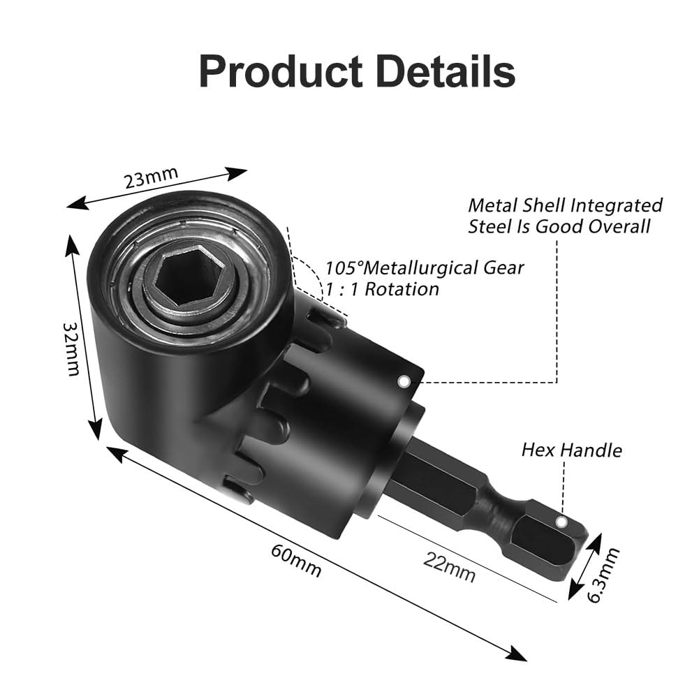 Ángulo Recto Taladro Socket Brocas, Adaptador de Taladro de Ángulo Recto, Negro Destornillador Angular de 105, Adaptador de Destornillador Angular, destornillador angular para Construcción y Autom