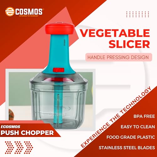 Image of E-COSMOS 2 in 1 Food Chopper Manual Hand Press Push Chopper with 4 Blades for Effortless Chopping Vegetables & Fruits with Mixi Blade for Lassi /Butter Milk (900 ml, Plastic)