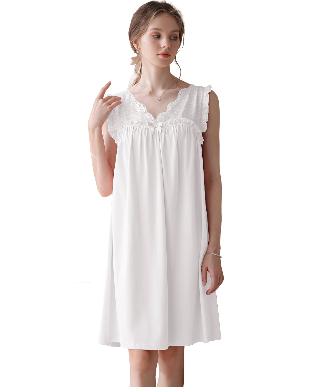 Nanxson Chemise de Nuit en Coton Tricoté pour Femme Robe de Nuit sans Manches Col en V Dentelle Vêtements de Nuit