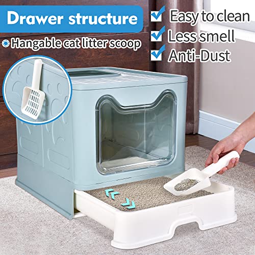 Homagico Foldable Cat Litter Box, Extra Large Front Entry Top Exit Litter Box With Lid, Drawer Type Enclosed Kitty Litter Box With Litter Scoop, Anti-Splashing Cat Toilet Easy Cleaning （Blue） #TOP5