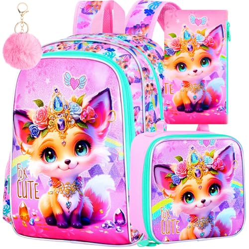 Image of 16 inch Backpack for Girls, 3Pcs Fox Kids Bookbag with Lunch Box,School Backpacks for Elementary Preschool Kindergarten (Pink)
