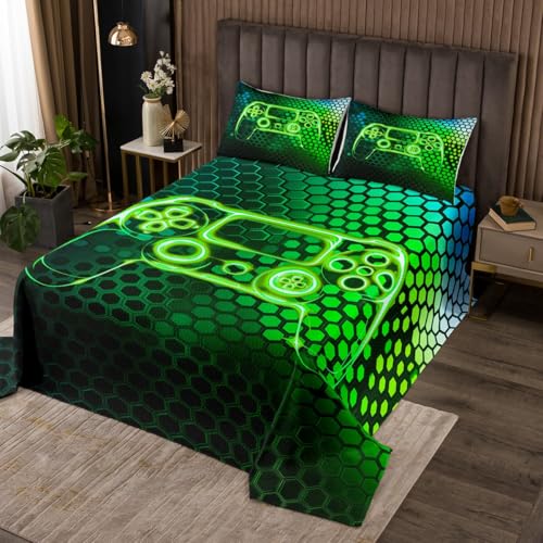 jejeloiu Kids Green Gamer Bedspread King Size, Honeycomb Gaming Quilted Coverlet Geometric Game Coverlet Set Boys Girls Teens Bedroom Decor with 2 Pillow Case