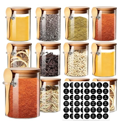 12 Pcs Glass Spice Jars Set with Spoons Lids and Labels , 7oz/200ml Seasoning Jars with 192 Black Labels, Small Airtight Glass Storage Container with Bamboo Lids for Salt,Sugar,Herbs,Nuts,Coffee,Tea