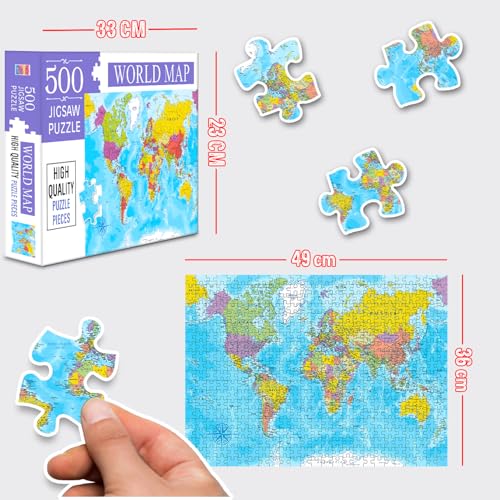 Image of World Map Jigsaw Puzzles for Kids and Childrens - Realistic Illustration Challenging Brain Booster Gifts, Fun and Creative Fun Game - Ages 5+ (500 Pcs)