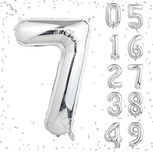 Image of 40 Inch Silver Number Balloons, Helium Mylar Foil Number Balloons for Birthdays, Number 7 Balloon for Party Wedding Bachelorette Birthday Bridal Shower Graduation Anniversary Celebration Party