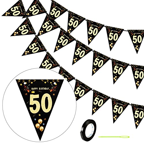 50 Ans Anniversaire Décorations, Pomeloone 30 Pcs Anniversaire Bannière Banderole Noir et Or, Guirlande Drapeaux e Triangle pour Adultes Décoration d'Anniversaire de Fête Cover