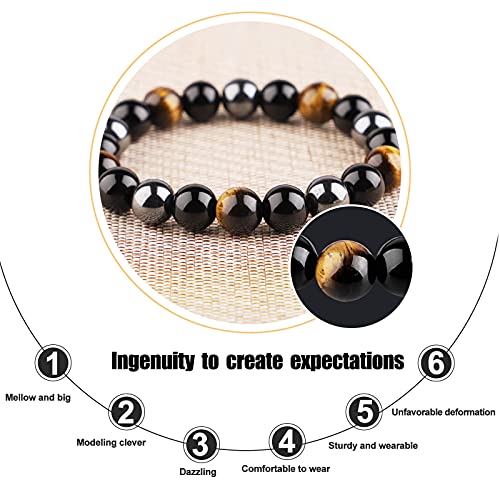 HOZEAL Triple Protection Bracelet, Black Obsidian Tiger Eye Stone Hematite Wealth Bracelets for Men Women for Bring Luck and Prosperity, Beaded Buddha Crystals Rope Stretch Bracelet4