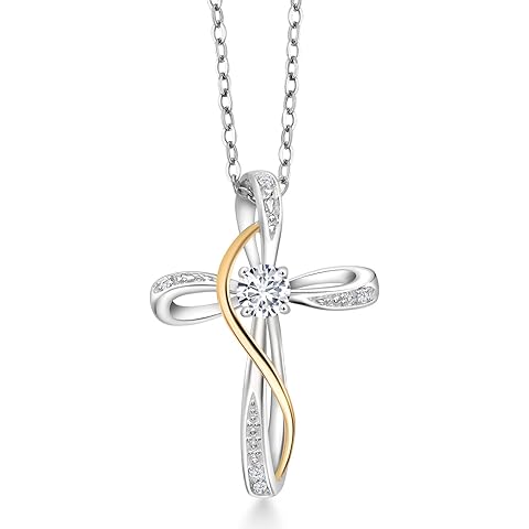 Gem Stone King Infinity Cross Necklace For Women | 925 Sterling Silver and 10K Yellow Gold | Gemstone Birthstone and White Lab Grown Diamond Cross Faith Pendant Necklace | with 18 Inch Chain