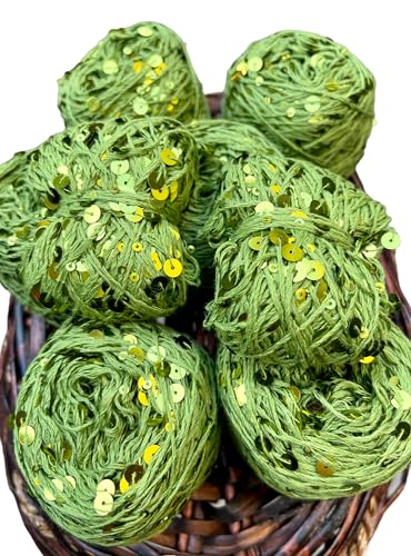 Green Royal Double Sequins Cotton Yarn, 10 Yards for Nuno Felting, Knitting, Set for Craft, Art Yarn, 6mm & 3mm Sequins Cotton Yarn