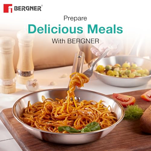 Image of Bergner TriPro 3 Pcs Tri-Ply Stainless Steel Induction Bottom Cookware Set - 22cm (2L) Kadai and 22cm (1L) Frypan, 14cm (1.1L) Teapan, Less Oil Use, Easy to Clean - Induction and Gas Stove Ready
