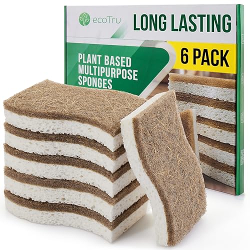 6 Pack Natural Kitchen Sponges, Compostable White Cellulose & Organic Coconut Scrubber Sponge for Washing Dishes, Kind Eco Friendly Non Toxic & Biodegradable Dishwashing Sponges
