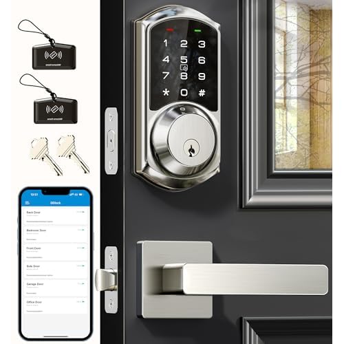 Veise VE06-L Smart Locks with 2 Lever Handle Set, App Control, Keyless Entry Deadbolt for Front Door, Electronic Digital Touchscreen Keypad, Auto Lock, Waterproof, Easy Installation, Satin N