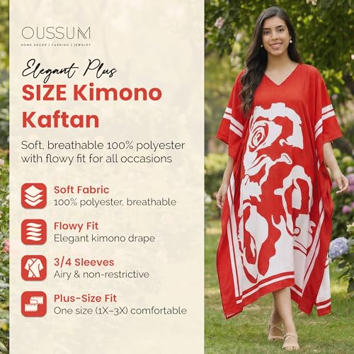 Image of Oussum Women Plus Size Dresses Kimono Caftan Maxi Dress Floral Polyester Long Mumu House Beach Cover Up 1X-3X Summer Wear