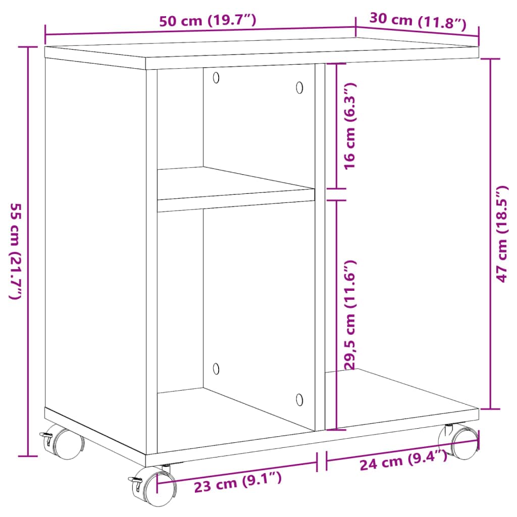 vidaXL tavolino ausiliario con ruote in legno ingegneria Sonoma 50 x 30 x 55 cm, tavolo decorativo