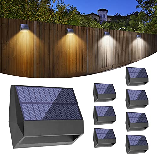 BRIDIKA Solar Fence Lights LED Solar Wall Lights Outdoor IP65 Waterproof 2 Lighting Modes for Backyard Garden Garage and Pathway (Warm and Cool Light, 8 Packs)
