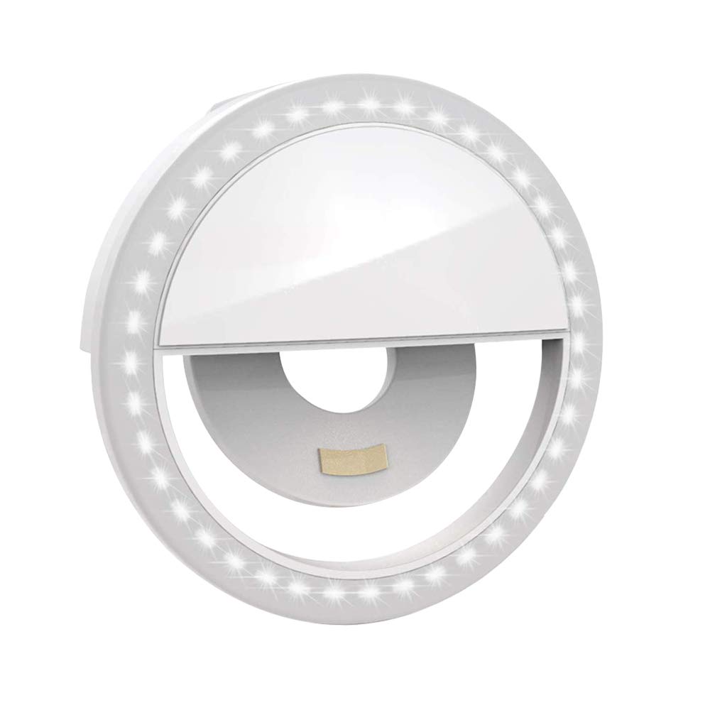 Selfie Ring Light, Clip-on Rechargeable 36 LED Fill-light, Ultra Bright and Supports 4 Light Modes, for Smart Phone Photography, Camera Video. Compatible iPhone, Android, iPad, Laptop (White）