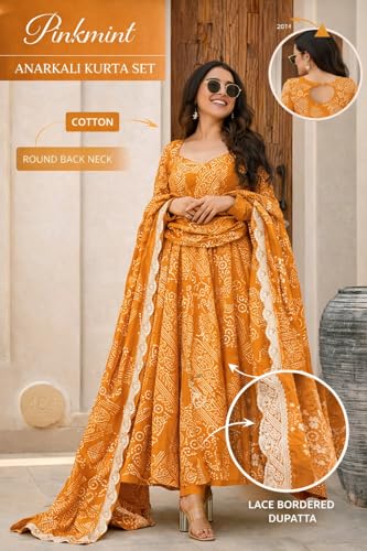 Image of Pinkmint Women's Bandhani Print Flared Anarkali Muslin Kurta Set with Pant & Stylish Dupatta Ethnic Long Sleeve Dress Suit Set|Regular Fit