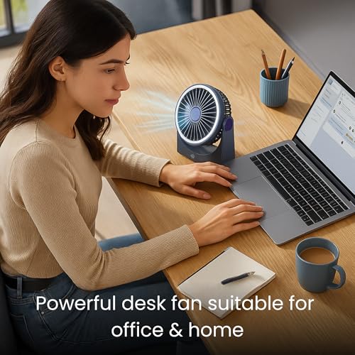Image of OOGE Breeze 1000 Noise-Free Rechargeable Table Fan | 6 Inch Compact Design | 8 Ft Air Throw | ROHS Certified & Child Safe | Night Light | USB Charging | Portable Desk Fan for Home & Office (Grey)