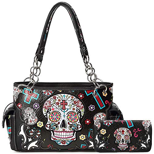 Sugar Skull Rose Flower Day of the Dead Purse Punk Gothic Totes Women Fashion Handbag Skeleton Shoulder Bag Wallet Set