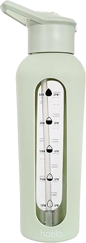 haelo Botella de agua motivacional de vidrio de 24 onzas con tapa abatible, popote, funda protectora de silicona, asa, reutilizable, sin BPA (verde