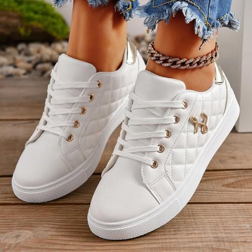 Women's Sneakers 2025 Fashion Round Toe Comfortable Lace Up Metal Decor Flats Breathable Padded Insole Low-Top Classic Platform Orthopedic Slip on Soft Tennis Shoes for Running Walking Sports2