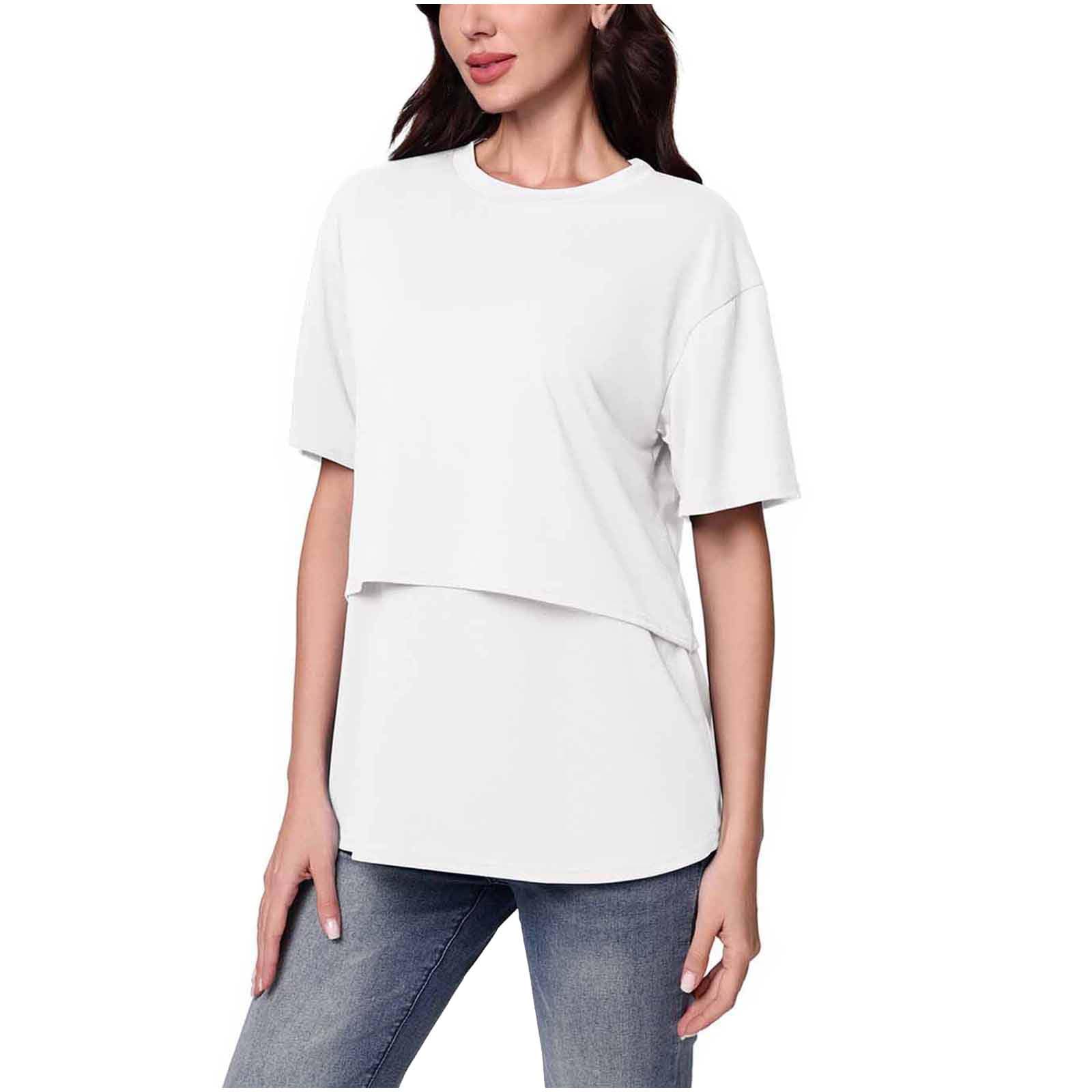 HGps8w Womens Maternity Shirts Short Sleeve Pregnancy Tops Double Layer Breastfeeding Blouse Casual Crewneck Tunic Tees