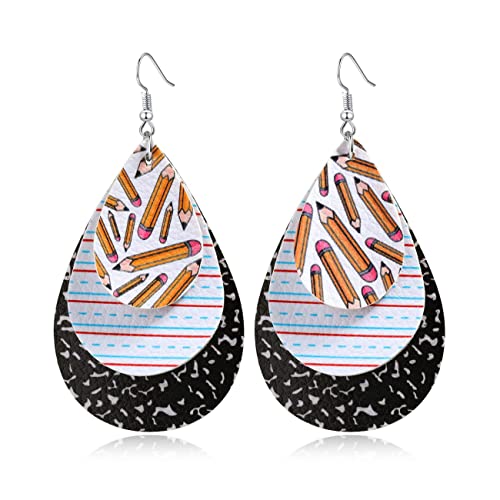 Teacher Earrings for Women Pencil Print Teardrop Drop Faux Leather Earrings Hypoallergenic Lightweight Dangle Earrings Jewelry Gifts